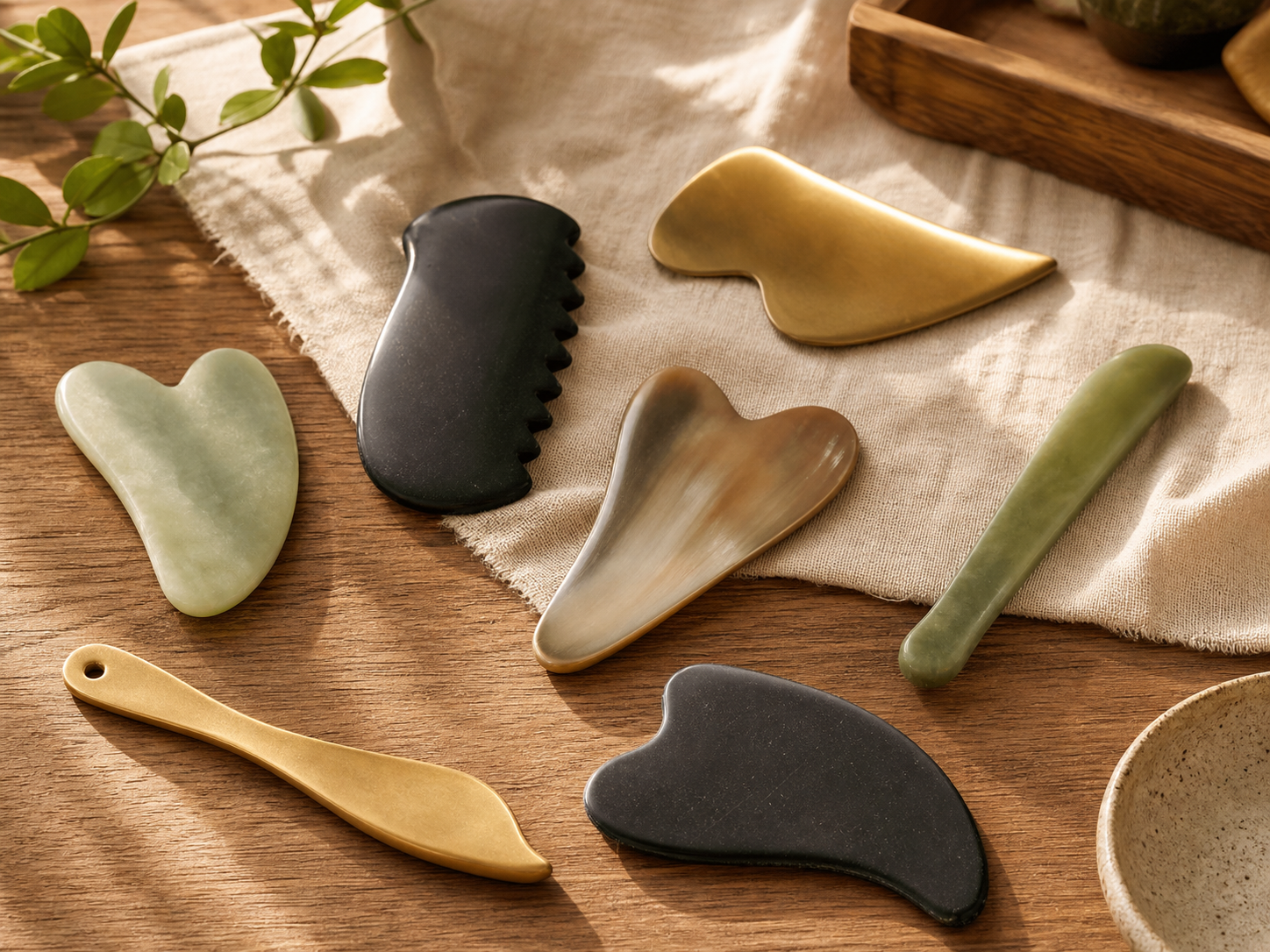 Gua sha tools in brass, stone, and horn-like materials on linen and natural wood