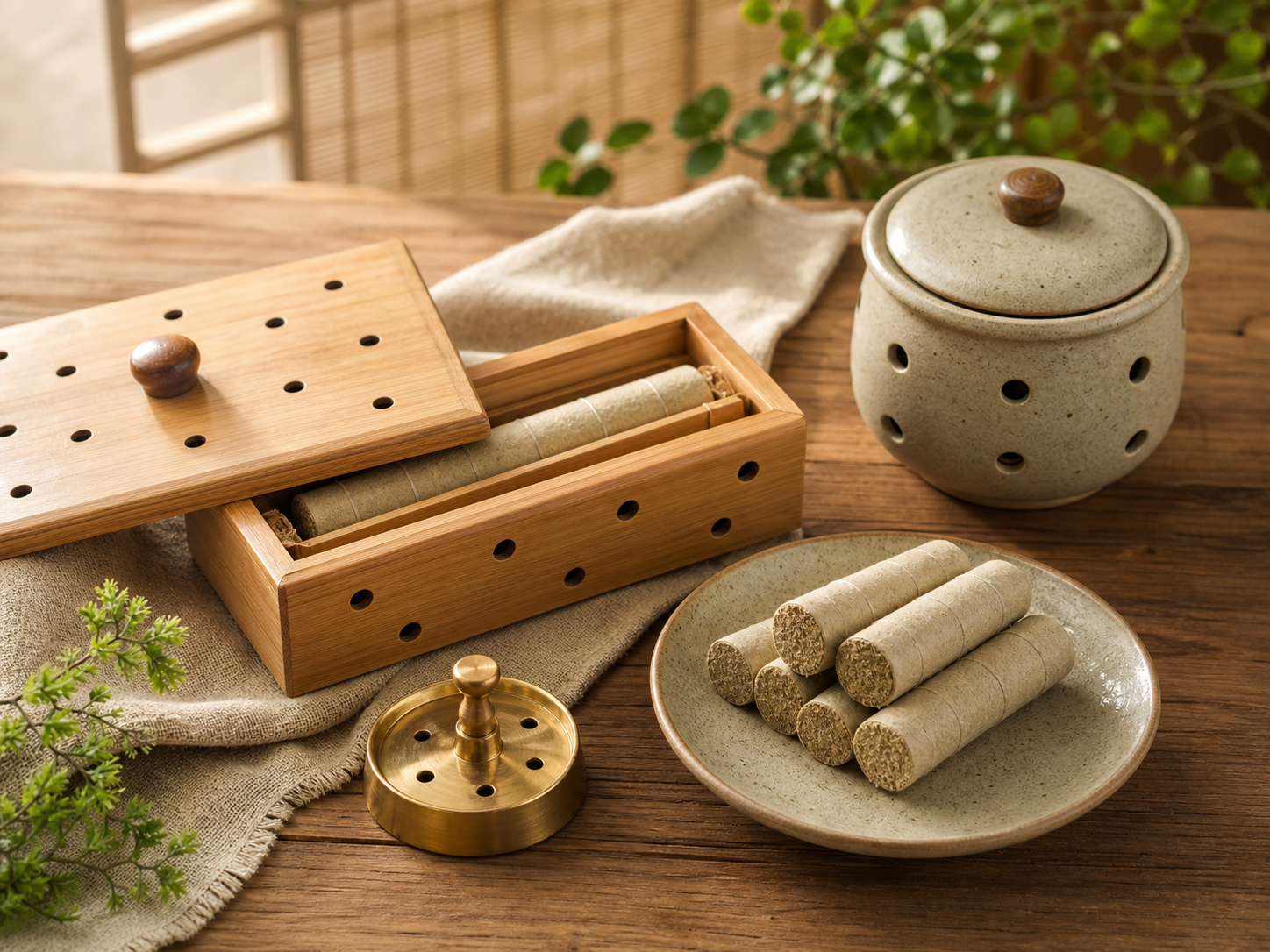 Moxibustion tools with moxa rolls, wood box, ceramic jar, brass holder, linen, and warm sunlight