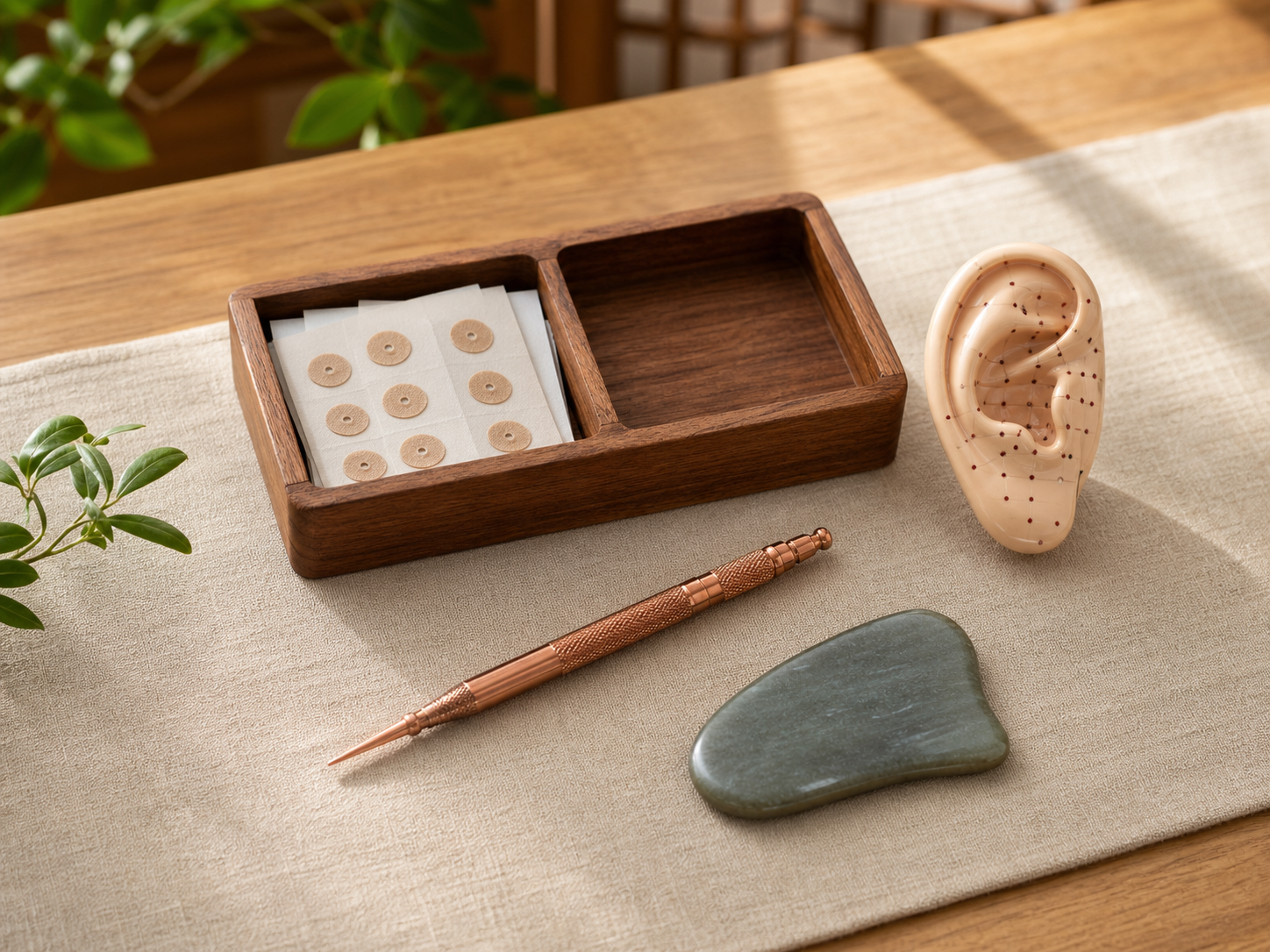 Traditional wellness accessories with ear seed patches, acupoint probe, ear model, stone, linen, and wood